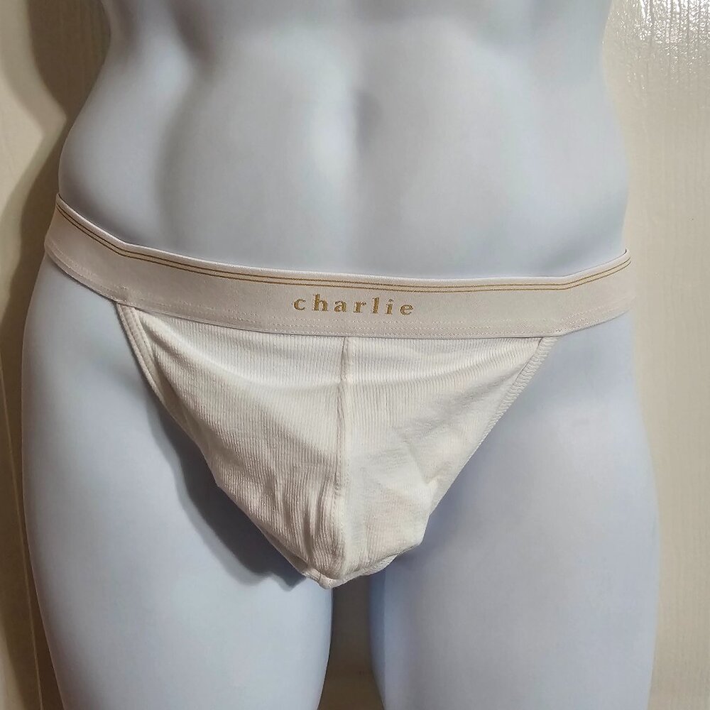 Charlie Men XL Thong Brief White Gold Cotton Elastane Ribbed Designer Luxury - Picture 2 of 5